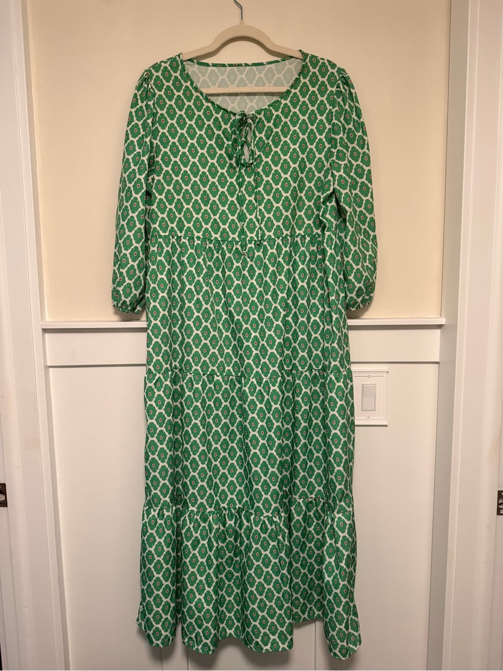 Size L - Boho Green Printed Tiered Maxi Dress with Geometric Motif